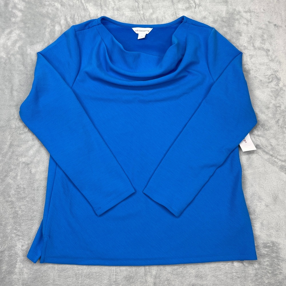 New Liz Claiborne Blouse Top Womens Large Blue Side Slit Long Sleeve Cowl Neck